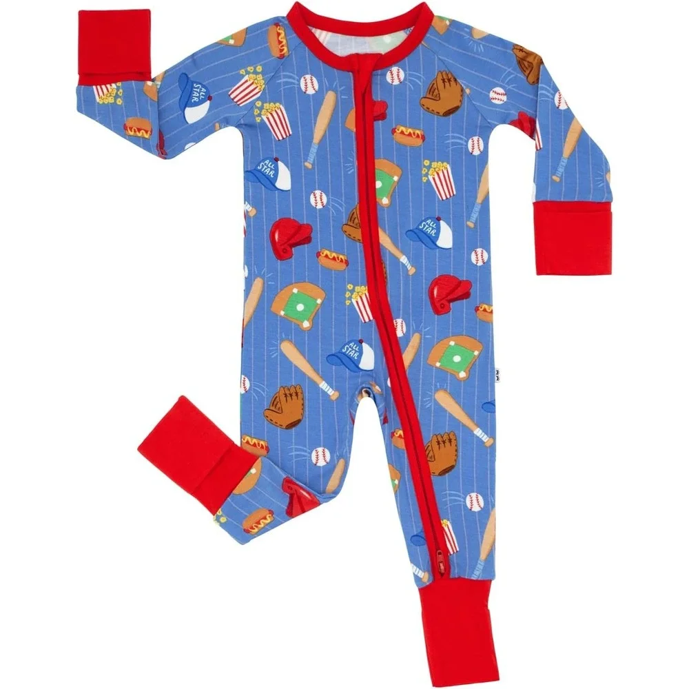 Little Sleepies All Star Baseball Bamboo Zippy Romper Blue Red 0-3 Months